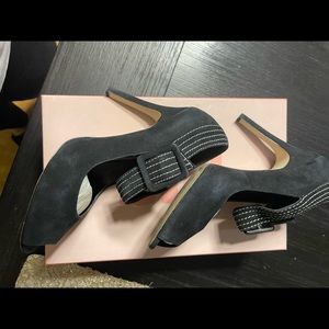 Stiletto Shoes 7M Black 5 Inch Heels Ankle Strap Platform Open Toe Faux Suede